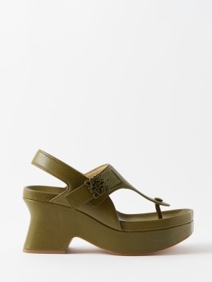LOEWE Comfort 90 leather platform sandals in green ~ khaki toe post sandal ~ chunky slingback platforms ~ women’s designer summer shoes - flipped