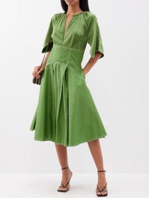 LOVEBIRDS Gathered topstitched cotton-sateen midi dress in green ~ wide split sleeve softly peated dresses ~ chic summer occasion clothes ~ feminine clothing ~ luxury fashion with movement - flipped