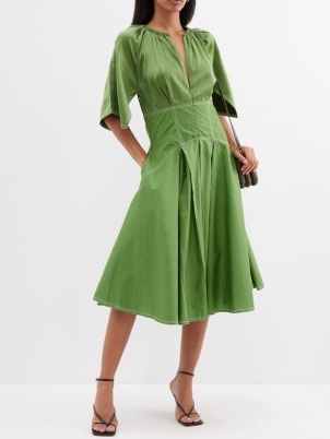 LOVEBIRDS Gathered topstitched cotton-sateen midi dress in green ~ wide split sleeve softly peated dresses ~ chic summer occasion clothes ~ feminine clothing ~ luxury fashion with movement