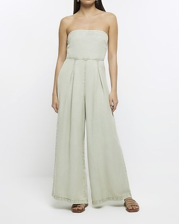 RIVER ISLAND GREEN LYOCELL BARDOT JUMPSUIT – wide leg strapless jumpsuits – all-in-one bandeau neckline summer fashion - flipped