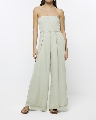 RIVER ISLAND GREEN LYOCELL BARDOT JUMPSUIT – wide leg strapless jumpsuits – all-in-one bandeau neckline summer fashion