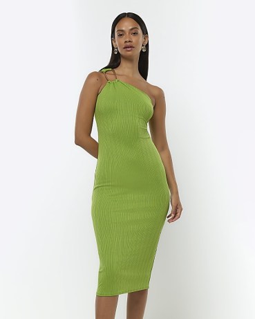 RIVER ISLAND GREEN ONE SHOULDER BODYCON MIDI DRESS – fitted evening dresses with an asymmetric neckline – asymmetrical party fashion - flipped