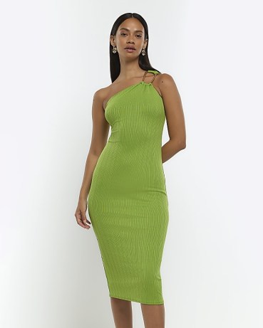 RIVER ISLAND GREEN ONE SHOULDER BODYCON MIDI DRESS – fitted evening dresses with an asymmetric neckline – asymmetrical party fashion