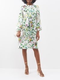 MARY KATRANTZOU Tatou floral-print satin dress – silky white and green summer occasion dresses – luxe event fashion – flowers, fruit and butterfly prints on women’s clothes – wedding guest clothing