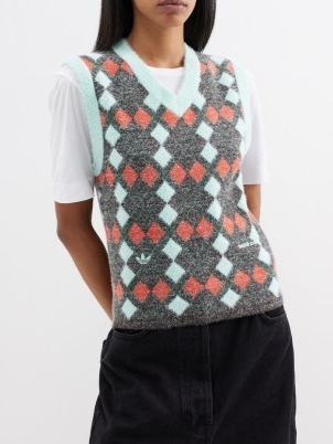 ADIDAS X WALES BONNER Argyle-jacquard knit sweater vest | women’s knitted V-neck diamond patterned vests | womens tanks | tank tops