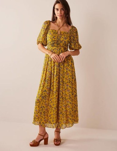 Boden Halterneck Detail Maxi Dress in Mustard Seed, Meadow Fall / dark yellow floral print dresses / ruched bodice / puff sleeve clothing / strappy halter neck - flipped