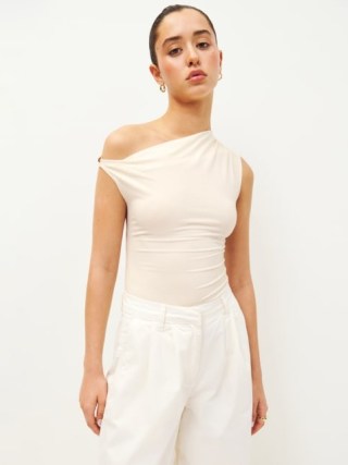 Reformation Hattie Knit Top Cream ~ chic one shoulder tops ~ asymmetrical clothing ~ asymmetric neckline fashion - flipped