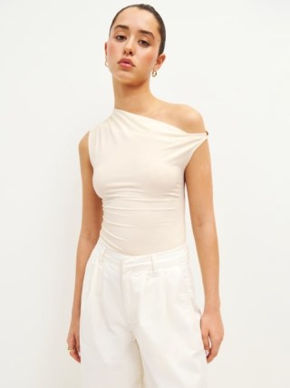 Reformation Hattie Knit Top Cream ~ chic one shoulder tops ~ asymmetrical clothing ~ asymmetric neckline fashion