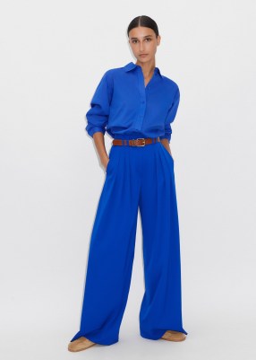 Me and Em High-Waisted Pleated Wide-Leg Trouser + Belt in Electric Blue – women’s tailored fluid fabric trousers