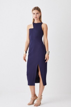 KAREN MILLEN Italian Structured Jersey Asymmetric Neck Line Midi Dress – chic dark blue sleeveless occasion dresses – asymmetrical evening clothing