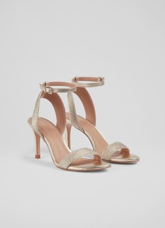 L.K. BENNETT Ivette Gold Metallic Rope Sandals – barely there ankle strap shoes – glamorous heels for summer parties – occasion footwear - flipped
