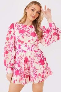 JAC JOSSA PINK FLORAL PRINT CORSETED EXAGGERATED HEM PLAYSUIT ~ women’s floaty balloon sleeve flower print playsuits