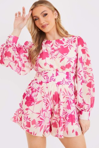 JAC JOSSA PINK FLORAL PRINT CORSETED EXAGGERATED HEM PLAYSUIT ~ women’s floaty balloon sleeve flower print playsuits - flipped