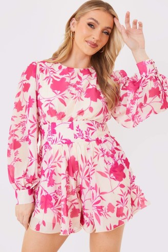 JAC JOSSA PINK FLORAL PRINT CORSETED EXAGGERATED HEM PLAYSUIT ~ women’s floaty balloon sleeve flower print playsuits
