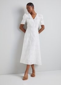 L.K. BENNETT Jane White Cotton Broderie Anglaise Dress – short sleeve V-neck cut out detail dresses – embroidered summer clothing