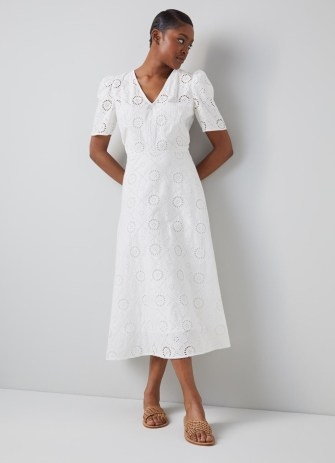 L.K. BENNETT Jane White Cotton Broderie Anglaise Dress – short sleeve V-neck cut out detail dresses – embroidered summer clothing - flipped