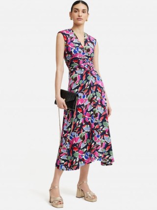 JIGSAW Graphic Pansy Jersey Dress in Multi / sleeveless V-neck floral print midi dresses - flipped