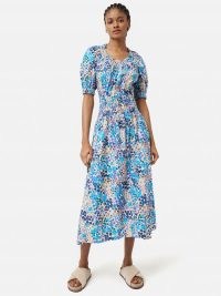 JIGSAW Rave Floral Cotton Dress in Blue / short sleeve round neck summer dresses