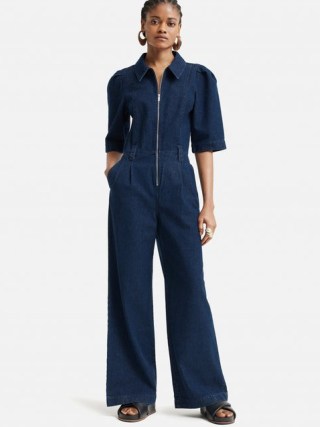 JIGSAW Denim Zip Front Jumpsuit Indigo – dark blue collared jumpsuits - flipped