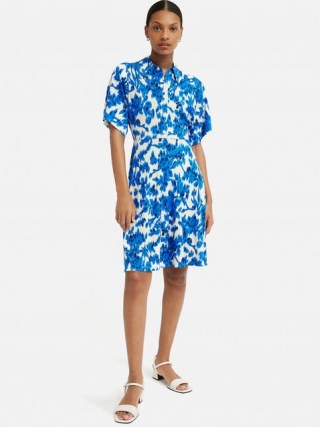 JIGSAW Ikat Posy Jersey Shirt Dress in Blue – women’s collared button front dresses – summer clothes - flipped