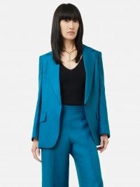 JIGSAW Irish Linen Gibson Blazer in Teal – women’s blue green single button closure blazers – womens smart jackets
