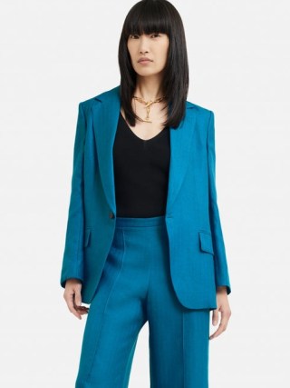 JIGSAW Irish Linen Gibson Blazer in Teal – women’s blue green single button closure blazers – womens smart jackets - flipped