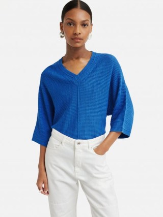 JIGSAW Linen Cotton Slouchy Jumper in Blue – women’s summer knitwear – relaxed fit V-neck jumpers - flipped