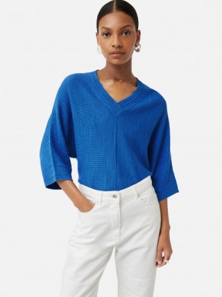 JIGSAW Linen Cotton Slouchy Jumper in Blue – women’s summer knitwear – relaxed fit V-neck jumpers