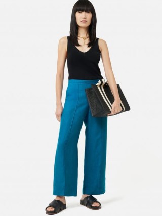 JIGSAW Linen Herringbone Palazzo in Teal – women’s blue green wide leg trousers – womens smart summer clothing