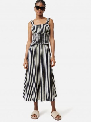 JIGSAW Cotton Slub Stripe Dress in Navy – blue striped shoulder strap dresses – sundress with stripes – women’s chic sundresses – summer holiday clothing