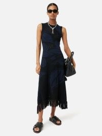 Jigsaw Pointelle Jacquard Knit Dress in Navy – sleeveless fringe trimmed asymmetric hemline midi dresses – chic fringed clothing