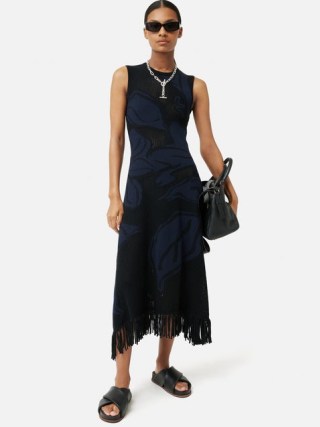 Jigsaw Pointelle Jacquard Knit Dress in Navy – sleeveless fringe trimmed asymmetric hemline midi dresses – chic fringed clothing