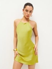 Reformation Jennis Silk Dress in Algae Bloom / silky strappy halterneck mini dresses
