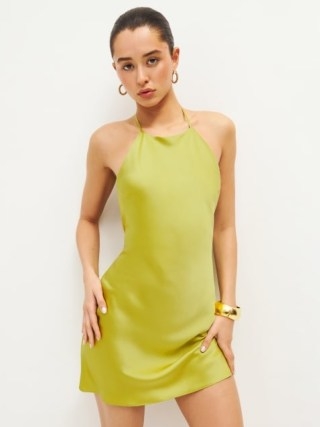 Reformation Jennis Silk Dress in Algae Bloom / silky strappy halterneck mini dresses - flipped