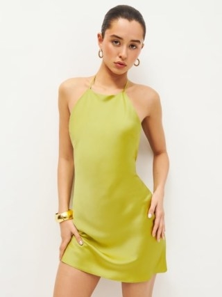 Reformation Jennis Silk Dress in Algae Bloom / silky strappy halterneck mini dresses