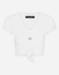 Dolce & Gabbana Jersey T-shirt with DG logo and knot detail ~ women’s cropped white front knotted tee ~ women’s crop hem T-shirts