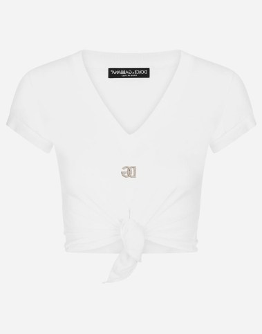 Dolce & Gabbana Jersey T-shirt with DG logo and knot detail ~ women’s cropped white front knotted tee ~ women’s crop hem T-shirts - flipped