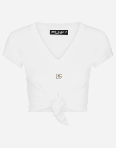 Dolce & Gabbana Jersey T-shirt with DG logo and knot detail ~ women’s cropped white front knotted tee ~ women’s crop hem T-shirts