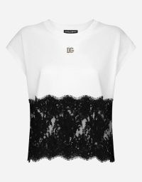 Dolce & Gabbana Jersey T-shirt with DG logo and lace details in White ~ women’s monochrome tee ~ womens Italian designer T-shirts ~ casual luxe clothes ~ feminine fashion