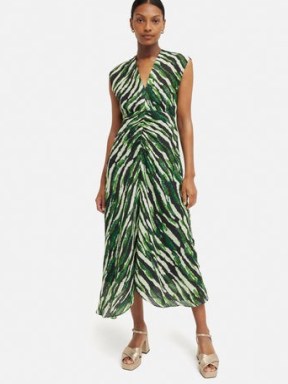 JIGSAW Abstract Zebra Silk Linen Dress in Green / sleeveless animal print midi dresses - flipped