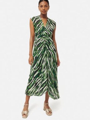 JIGSAW Abstract Zebra Silk Linen Dress in Green / sleeveless animal print midi dresses