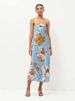 Reformation Joana Silk Dress in Hyperion – blue silky strapless midi dresses with bold floral prints – luxury bandeau fashion – feminine occasion clothing – elegant summer event clothes - flipped