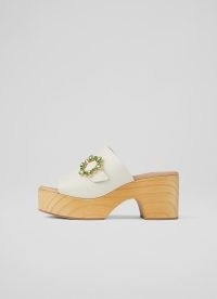 L.K. BENNETT Jojo White Leather Wooden Flatform Mules ~ crystal buckle platform mule sandals ~ retro summer shoes