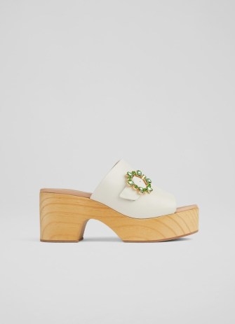 L.K. BENNETT Jojo White Leather Wooden Flatform Mules ~ crystal buckle platform mule sandals ~ retro summer shoes - flipped