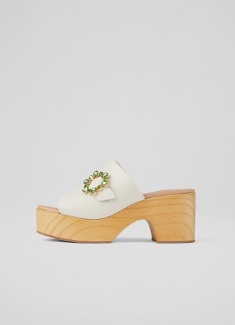 L.K. BENNETT Jojo White Leather Wooden Flatform Mules ~ crystal buckle platform mule sandals ~ retro summer shoes
