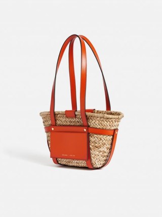 JIGSAW Mini Broadwell Straw Bag in Orange / woven basket bags with leather trim / small summer shoulder baskets - flipped