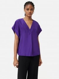 JIGSAW Silk Habotai V Neck Top in Purple / wide short sleeve V-neck tops / women’s silky fashion