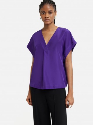 JIGSAW Silk Habotai V Neck Top in Purple / wide short sleeve V-neck tops / women’s silky fashion - flipped