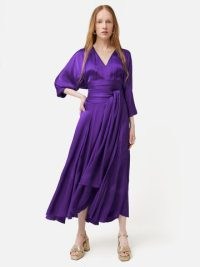 JIGSAW Hammered Satin Sash Dress in Purple – opulent tie waist dresses – silky fluid clothing – asymmetric fashion – women’s luxe clothes