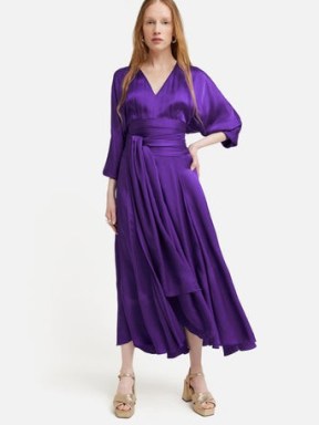 JIGSAW Hammered Satin Sash Dress in Purple – opulent tie waist dresses – silky fluid clothing – asymmetric fashion – women’s luxe clothes - flipped